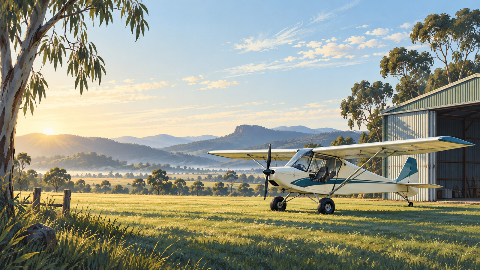 Illustration of a recreational aircraft beside a hangar at an Australian grass airfield